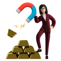 business 3d businesswoman in red suit magnetizing gold bar with magnet